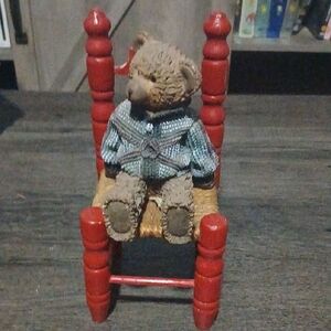 Red Wooden Chair with Teddy Bear